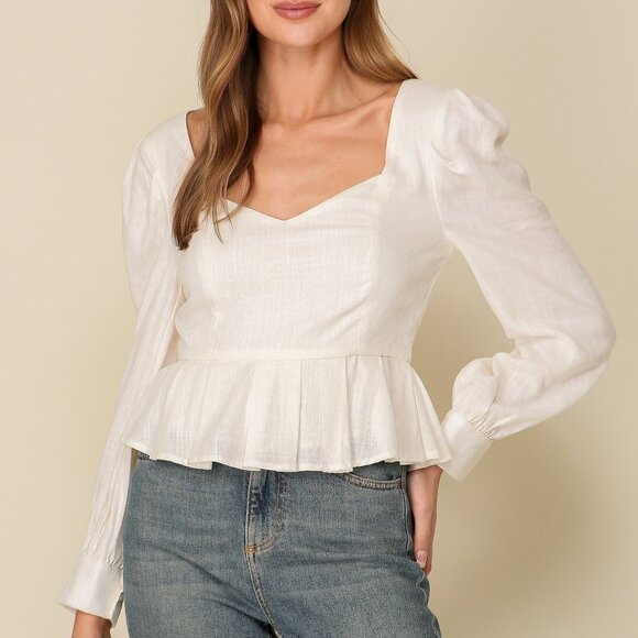LUMIERE Ivory Peplum Blouse with Puff Sleeves, Square Neck Long Sleeve Top - Picture 1 of 4